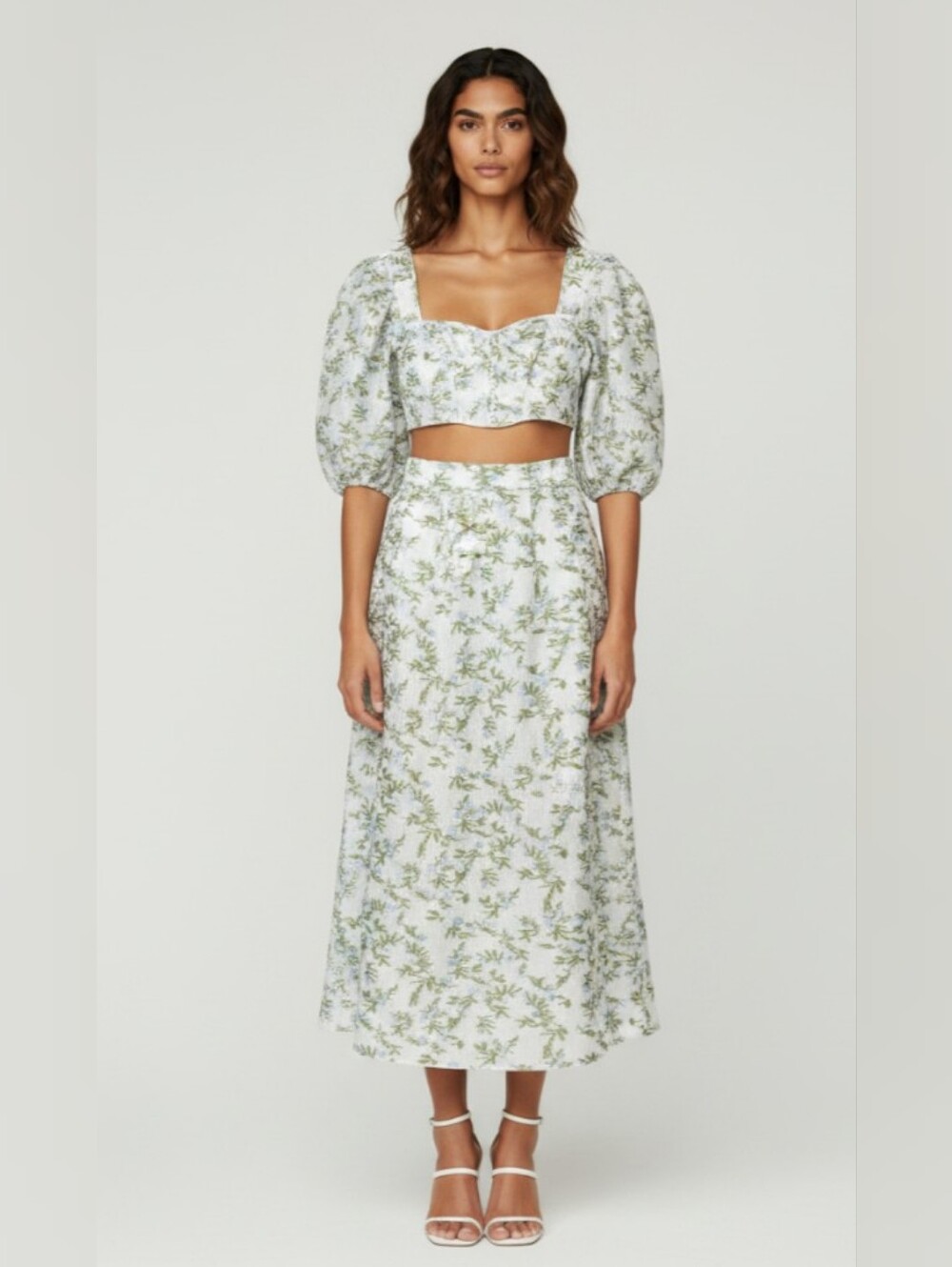 Floral A-Line Midi Dress in White and Green
